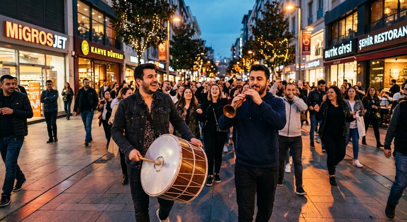 Modern caddede davul zurna kutlaması